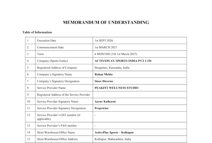 draft a professional memorandum of understanding mou